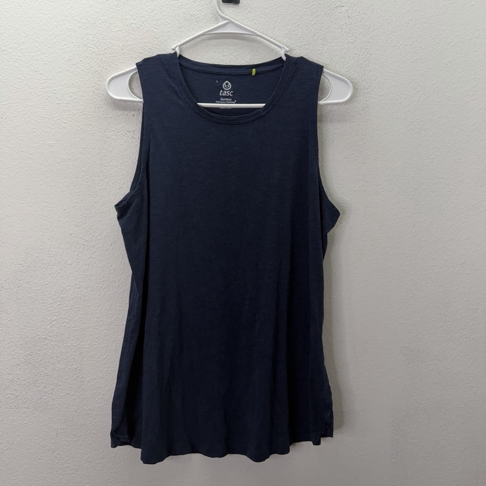 Tasc Blue Tank Top Size L Organic Cotton Bamboo Blend Gym Lounge High Neck